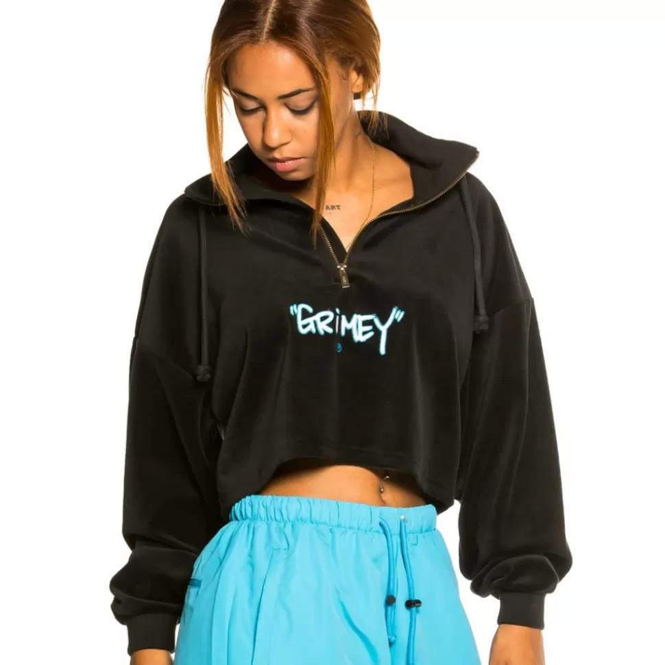 Sweatshirts*Grimey "Gem Cutting" Girl High Neck Velvet Crop Top - Black - Fall 21