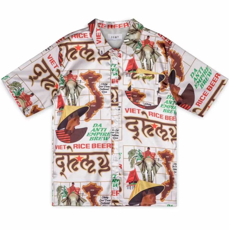 Shirts*Grimey Viet Cong Beer Satin Button Up Shirt - White - Summer 23